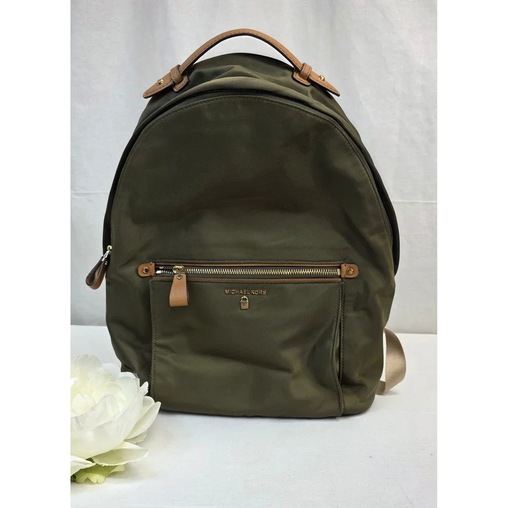 Michael Kors Olive Green Nylon Backpack with Tan Leather Trim and Gold Hardware - Picture 3 of 16